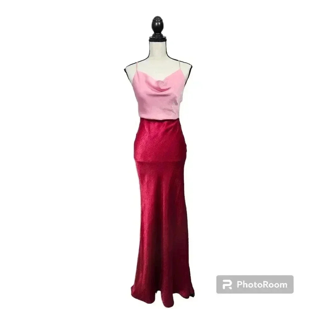 Lulus Exquisite Evening Pink Red Color Block Satin Maxi Dress Valentine's Day